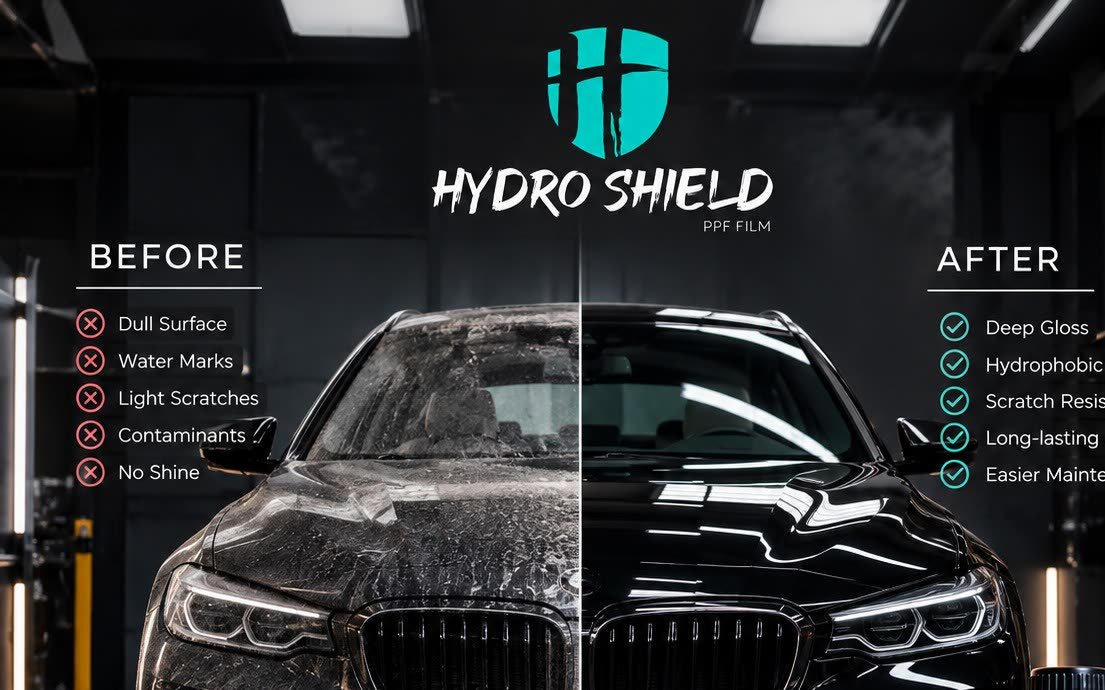 Before and after comparison of a BMW's paintwork, showing a dull water-marked surface on the left versus a deep-gloss coated finish on the right, rendered illustration
