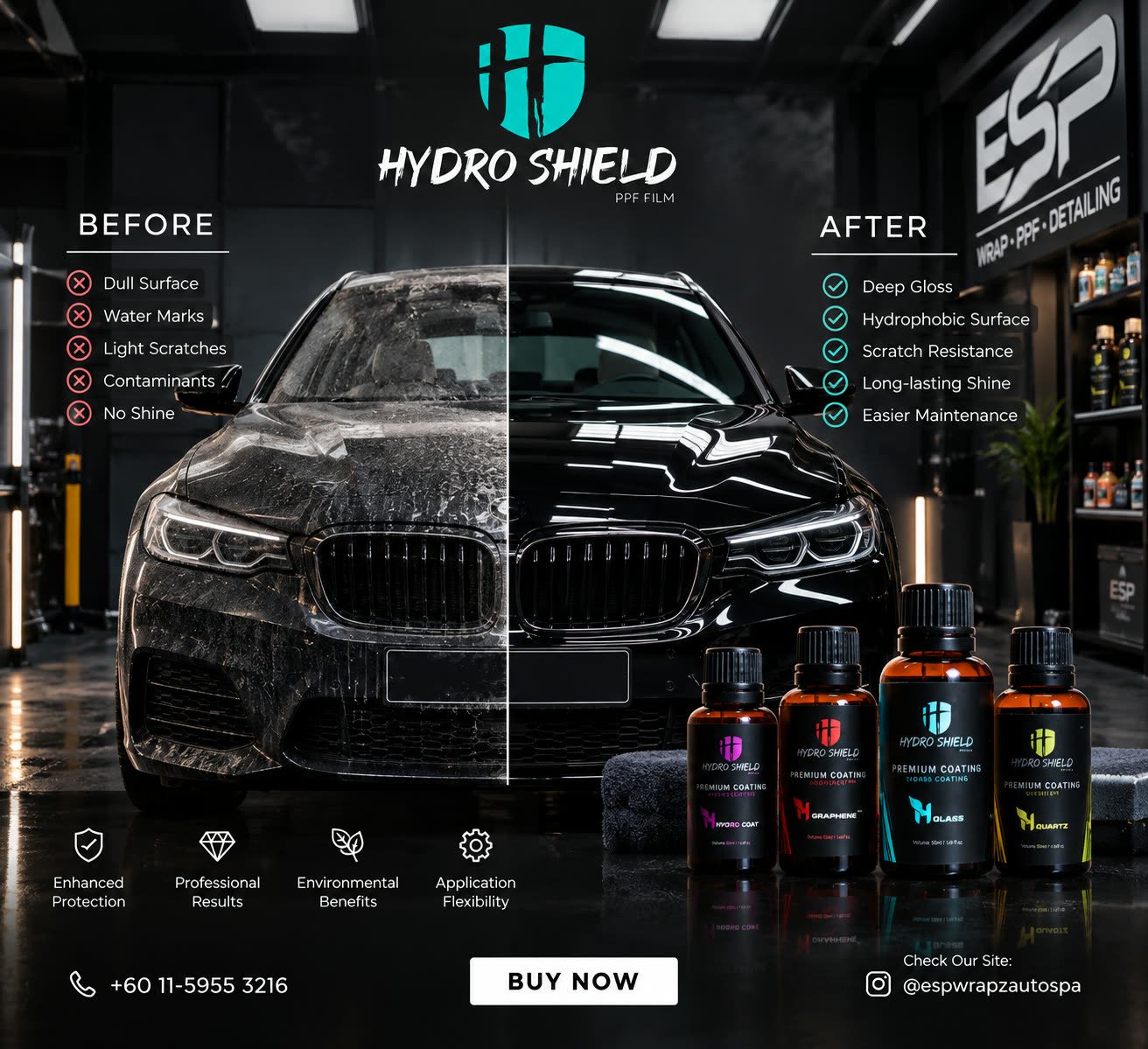 Before and after comparison of a BMW's paintwork with the full Hydro Shield product lineup and ESP Wrap PPF Detailing branding, rendered illustration