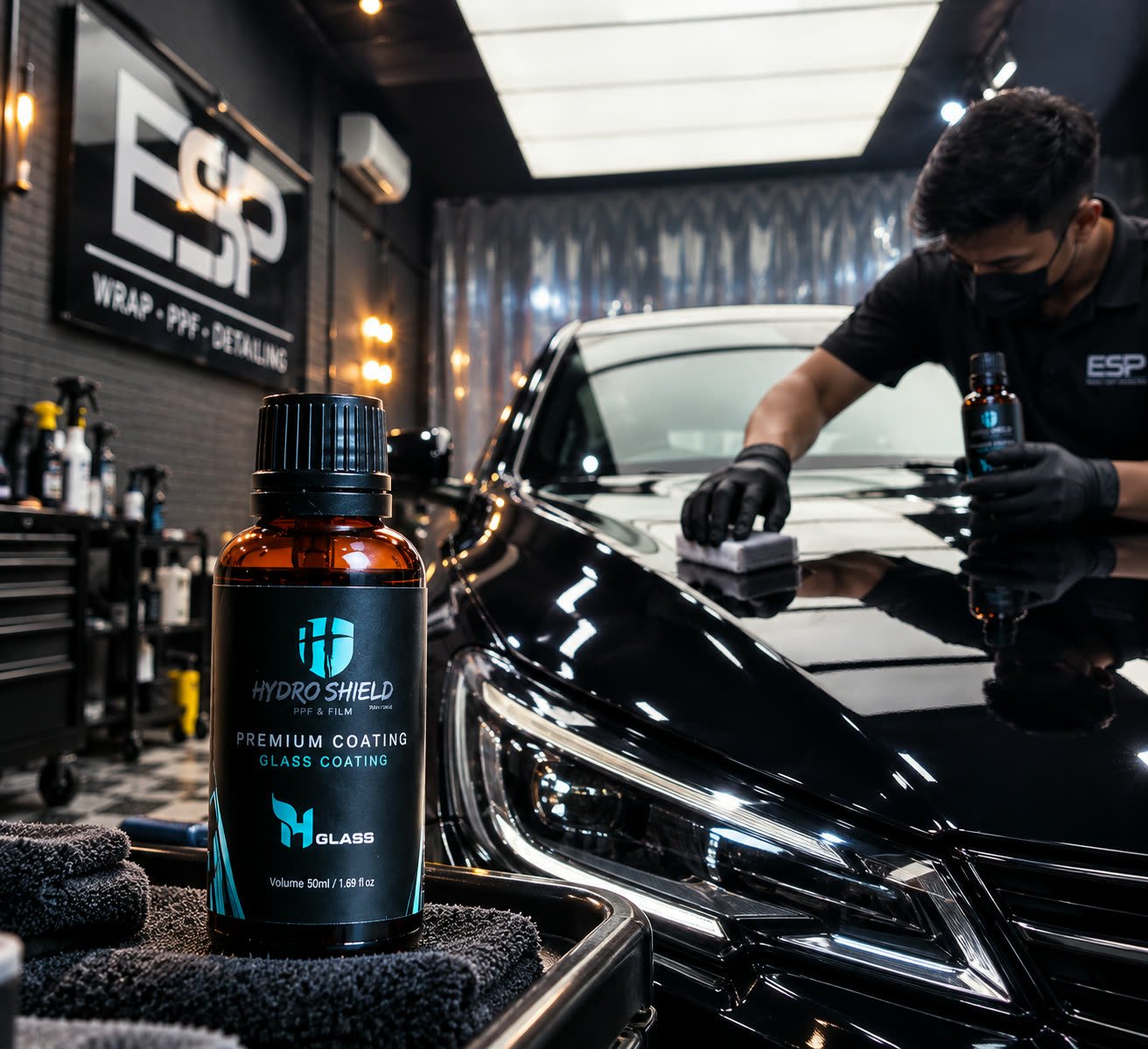 Technician applying Hydro Shield Glass Coating to a car bonnet at the ESP Wrap PPF Detailing workshop, close-up angle, rendered illustration