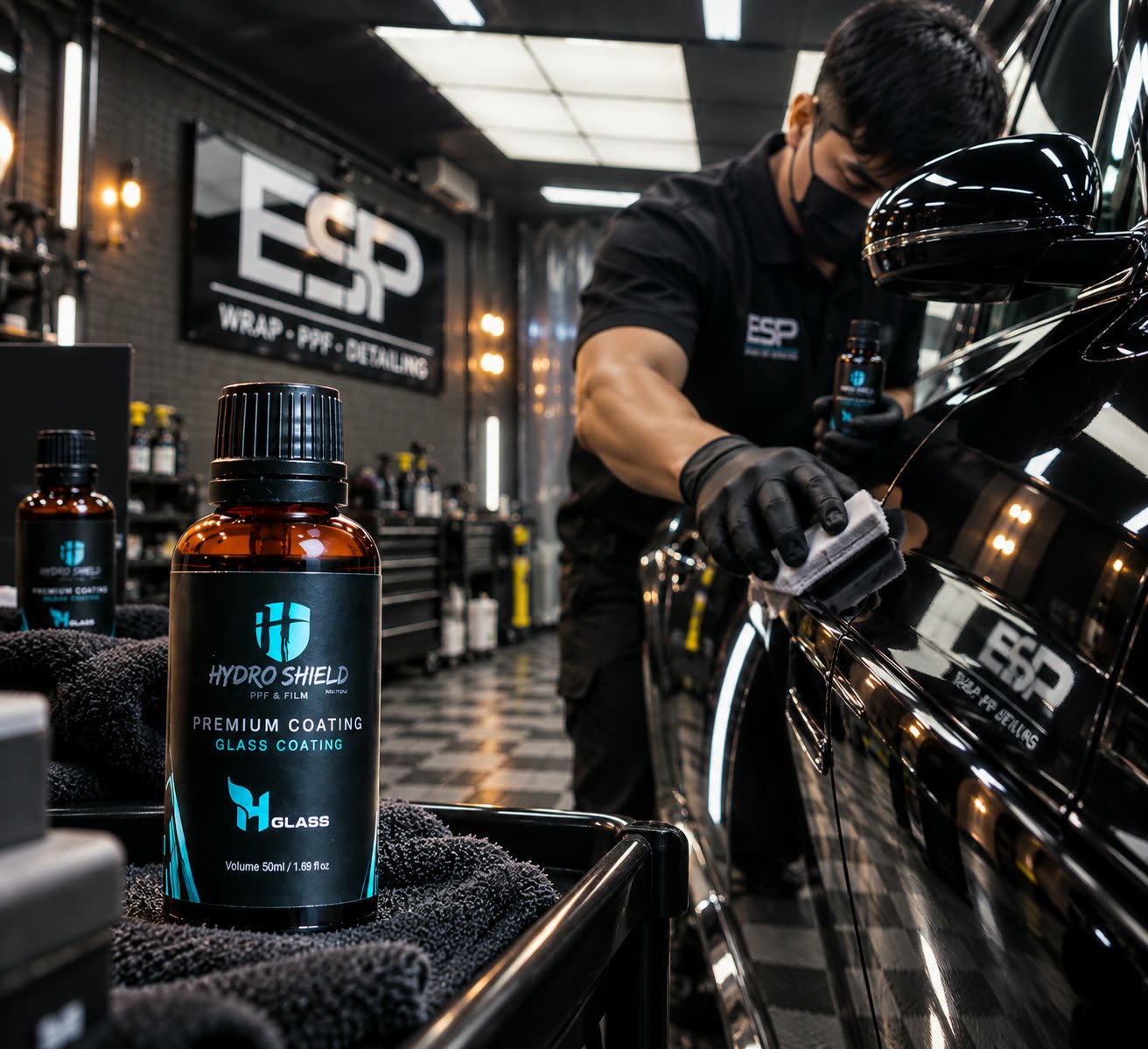 Technician applying Hydro Shield Glass Coating to a car door panel at the ESP Wrap PPF Detailing workshop, rendered illustration