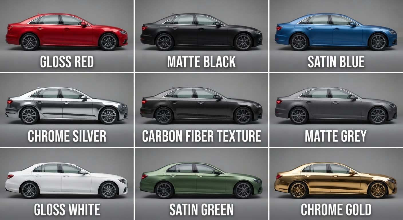 Grid of 9 example colour wrap finishes on sedans: gloss red, matte black, satin blue, chrome silver, carbon fibre texture, matte grey, gloss white, satin green, chrome gold