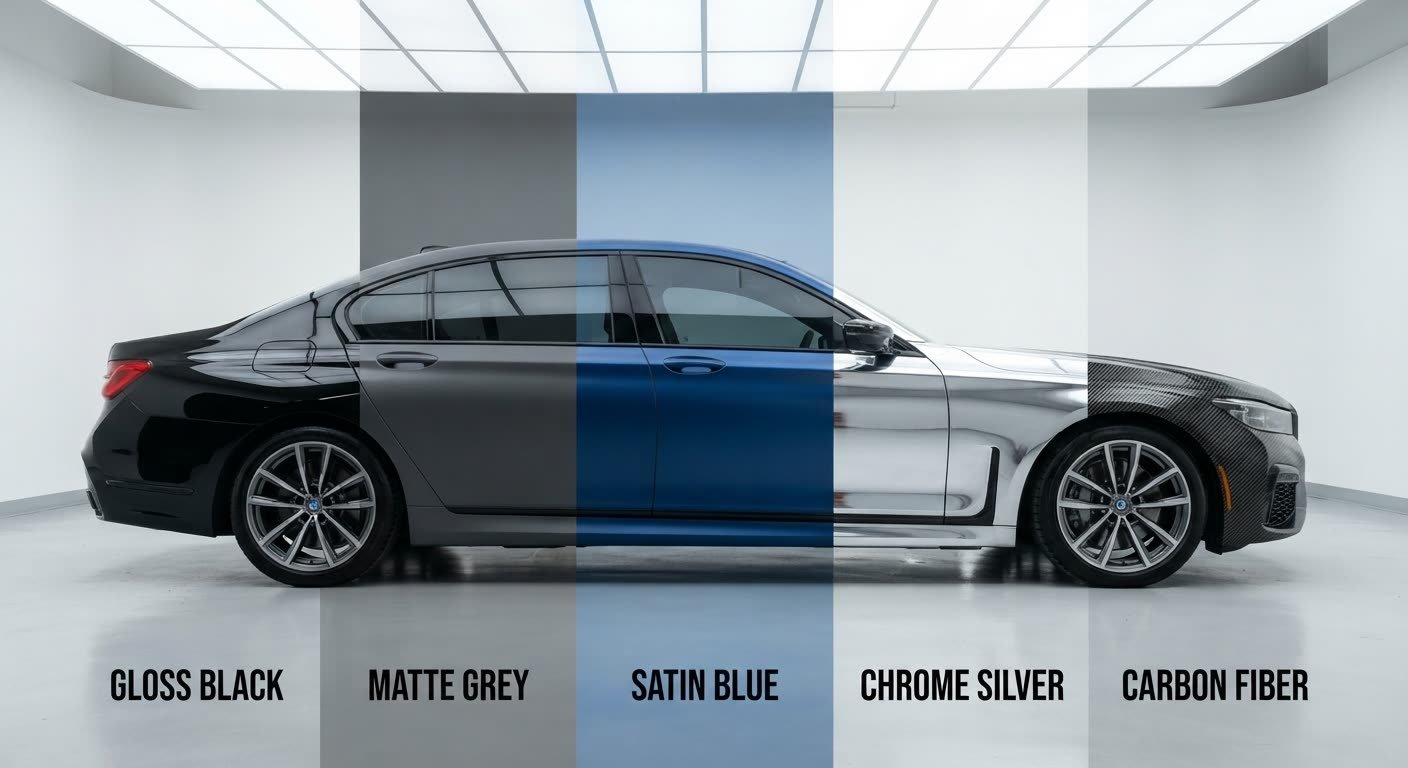 One sedan split into 5 vertical bands showing gloss black, matte grey, satin blue, chrome silver and carbon fibre finishes side by side