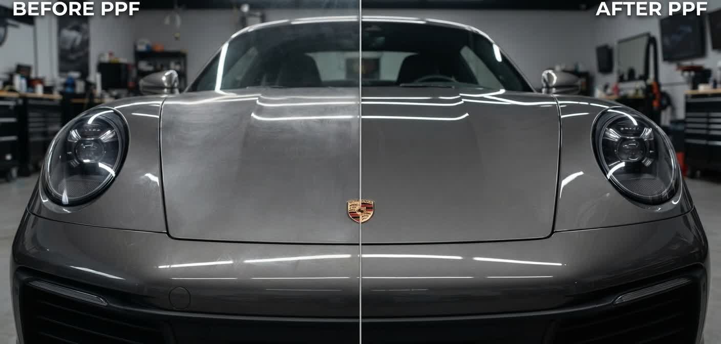 Illustrative before/after comparison of a car's front paintwork split down the middle, showing a duller unprotected finish on the left versus a glossier finish with paint protection film on the right (AI-rendered illustration, not an actual Hydro Shield client vehicle)