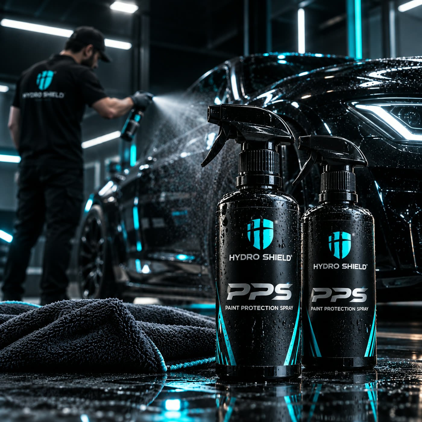 Two Hydro Shield PPS (Paint Protection Spray) bottles on a wet workshop floor, a technician in a Hydro Shield polo spraying a black car in the background, mist visible in the air, rendered illustration