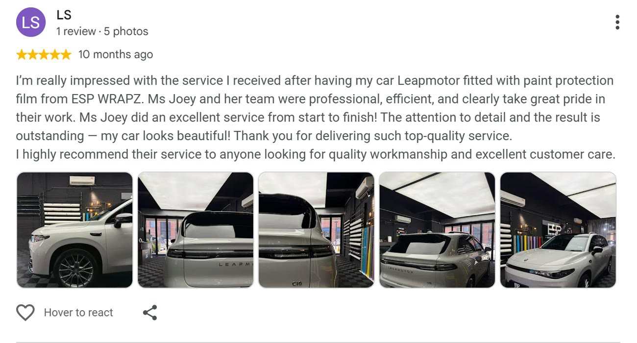 Google review by LS for ESP Wrapz Autospa, 10 months ago