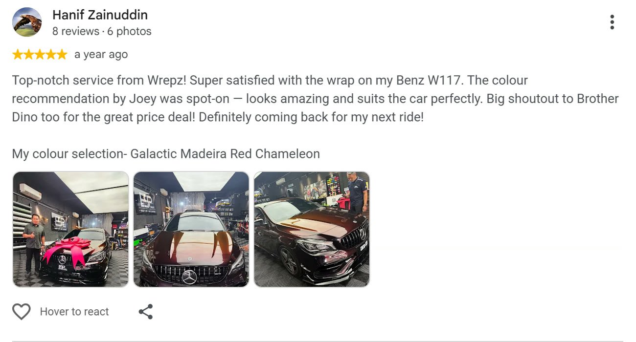 Google review by Hanif Zainuddin for ESP Wrapz Autospa, a year ago