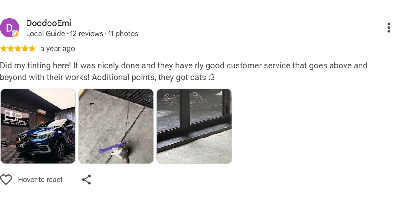 Google review by DoodooEmi for ESP Wrapz Autospa, a year ago