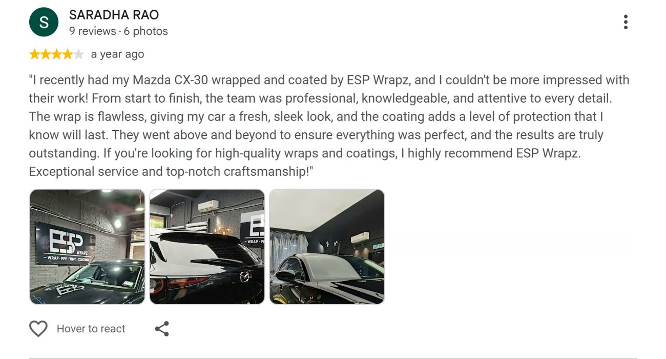 Google review by Saradha Rao for ESP Wrapz Autospa, a year ago