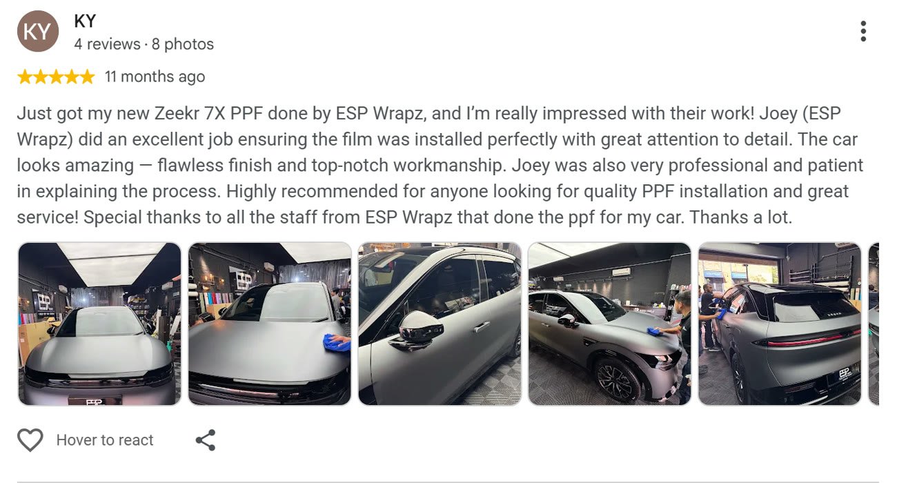 Google review by KY for ESP Wrapz Autospa, 11 months ago