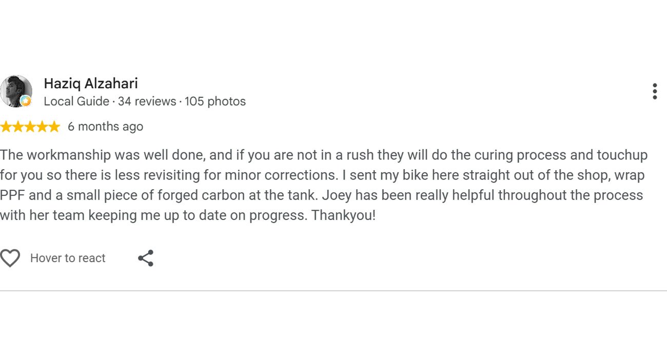 Google review by Haziq Alzahari for ESP Wrapz Autospa, 6 months ago