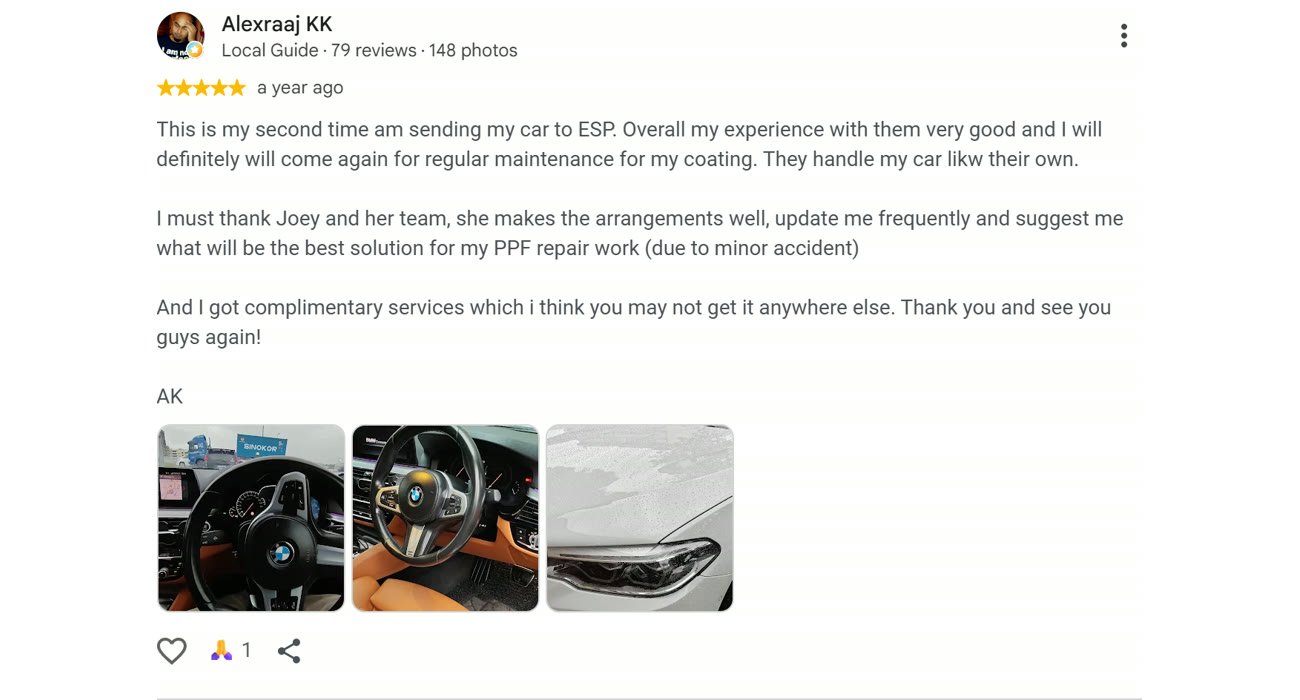 Google review by Alexraaj KK for ESP Wrapz Autospa, a year ago