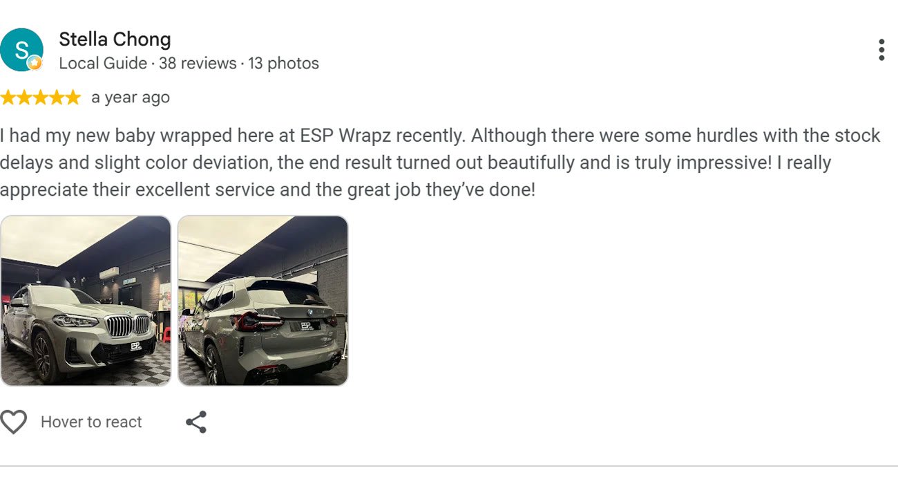 Google review by Stella Chong for ESP Wrapz Autospa, a year ago