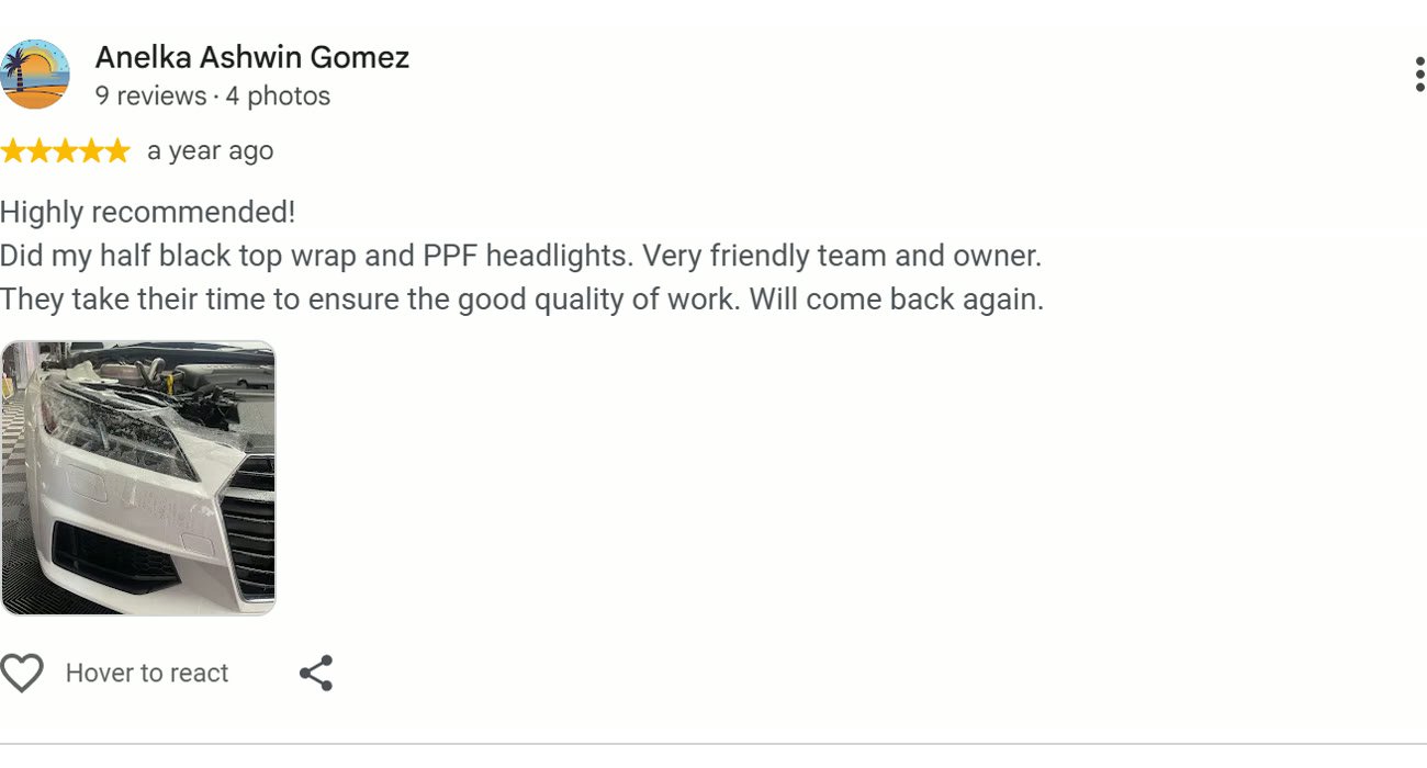 Google review by Anelka Ashwin Gomez for ESP Wrapz Autospa, a year ago