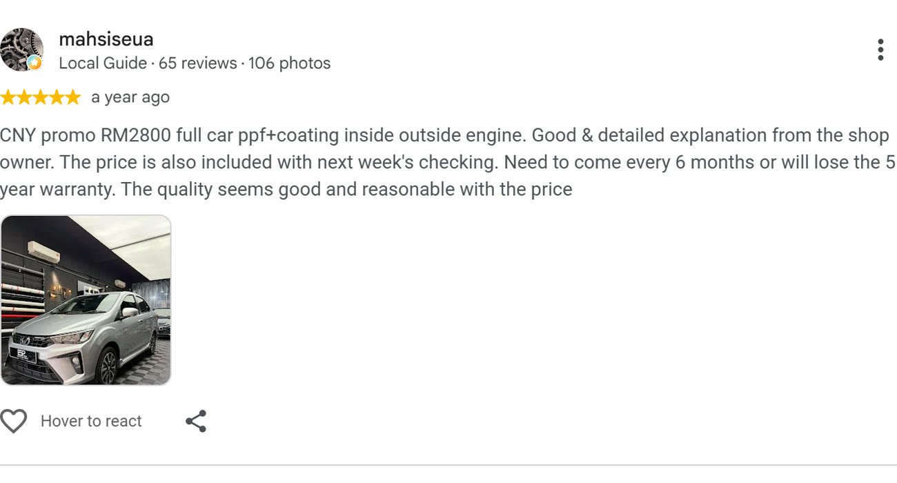 Google review by mahsiseua for ESP Wrapz Autospa, a year ago