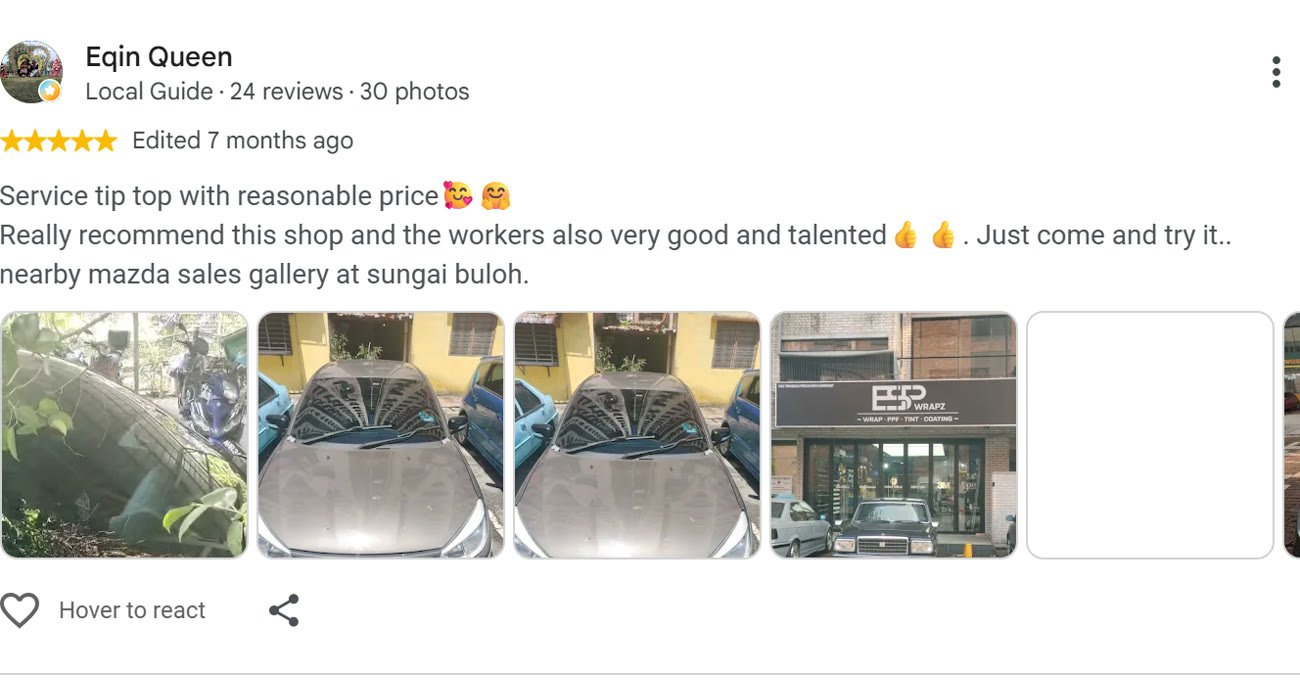 Google review by Eqin Queen for ESP Wrapz Autospa, 7 months ago