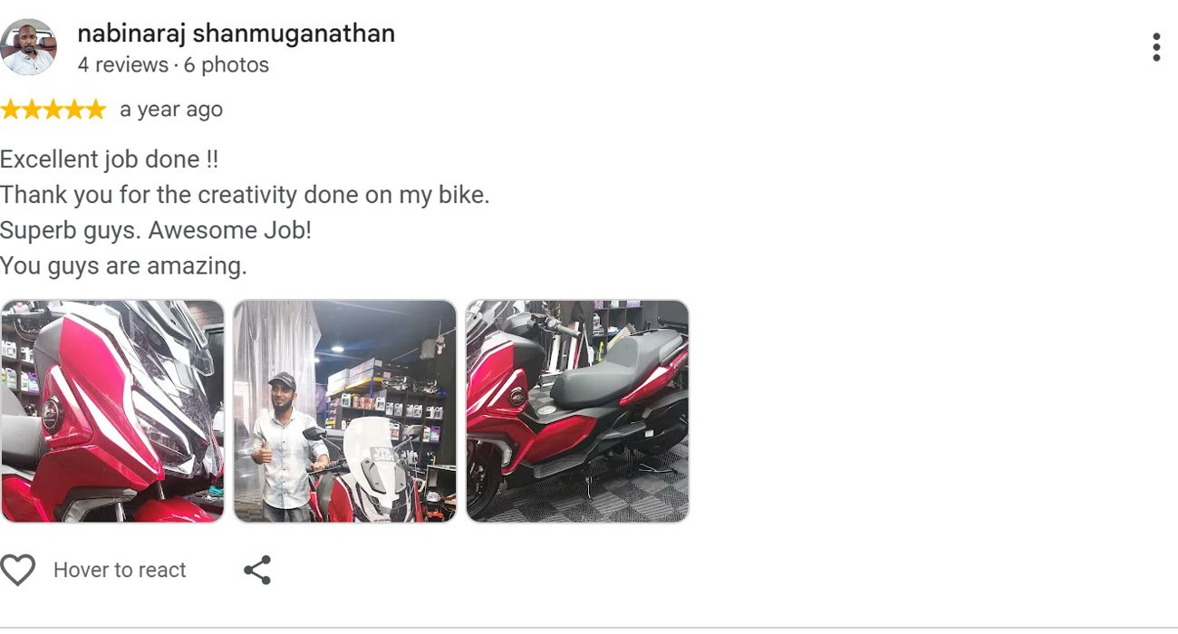 Google review by nabinaraj shanmuganathan for ESP Wrapz Autospa, a year ago