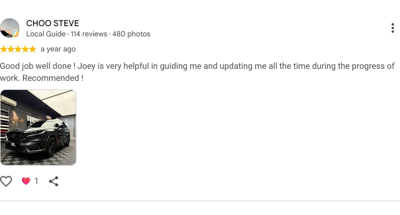 Google review by Choo Steve for ESP Wrapz Autospa, a year ago