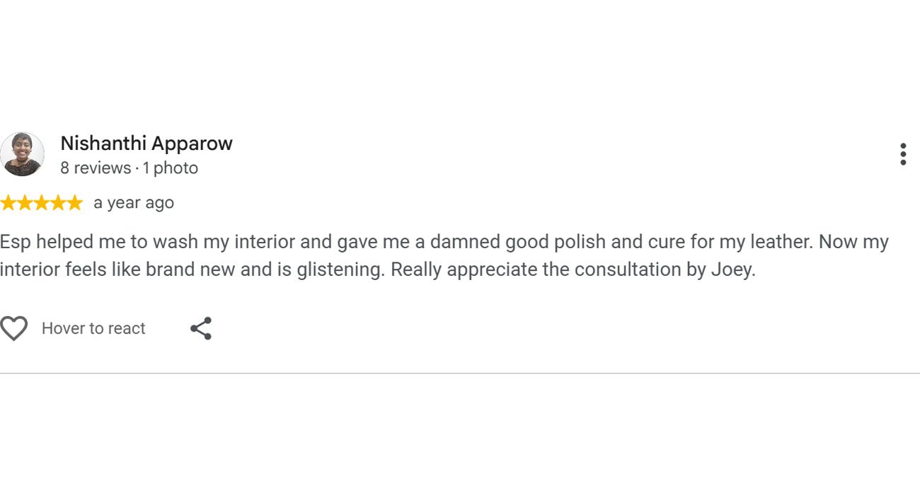 Google review by Nishanthi Apparow for ESP Wrapz Autospa, a year ago