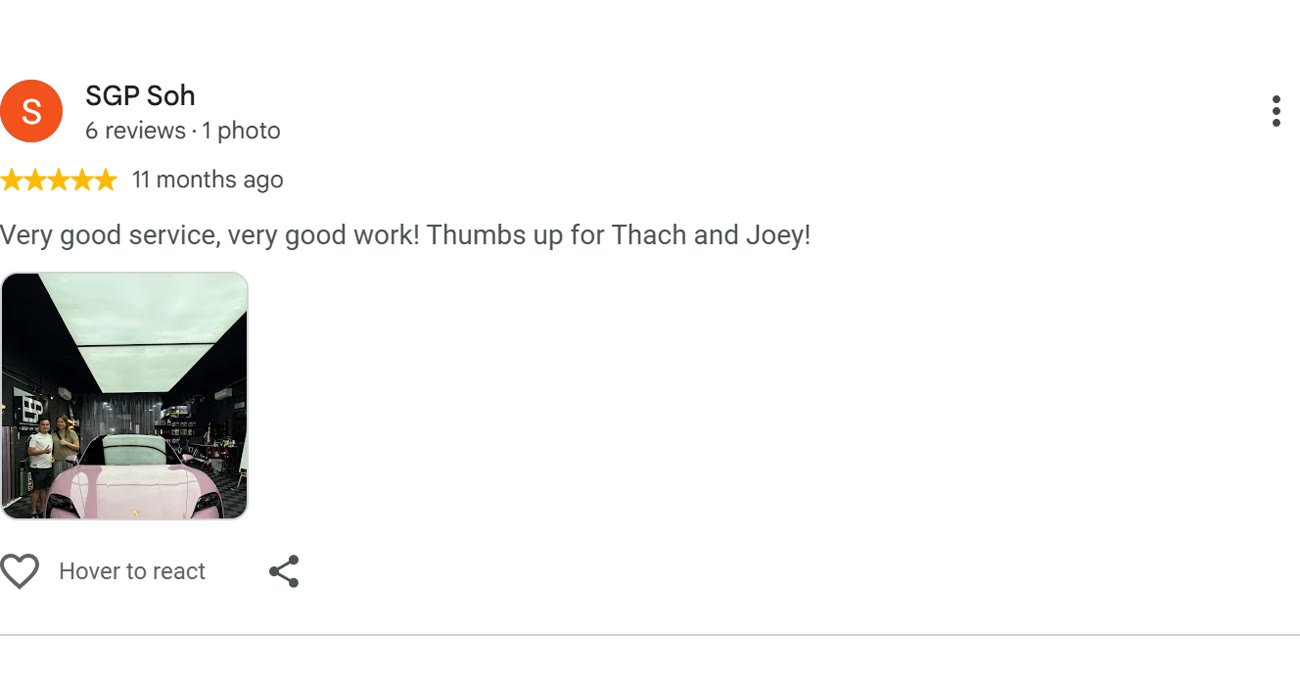 Google review by SGP Soh for ESP Wrapz Autospa, 11 months ago