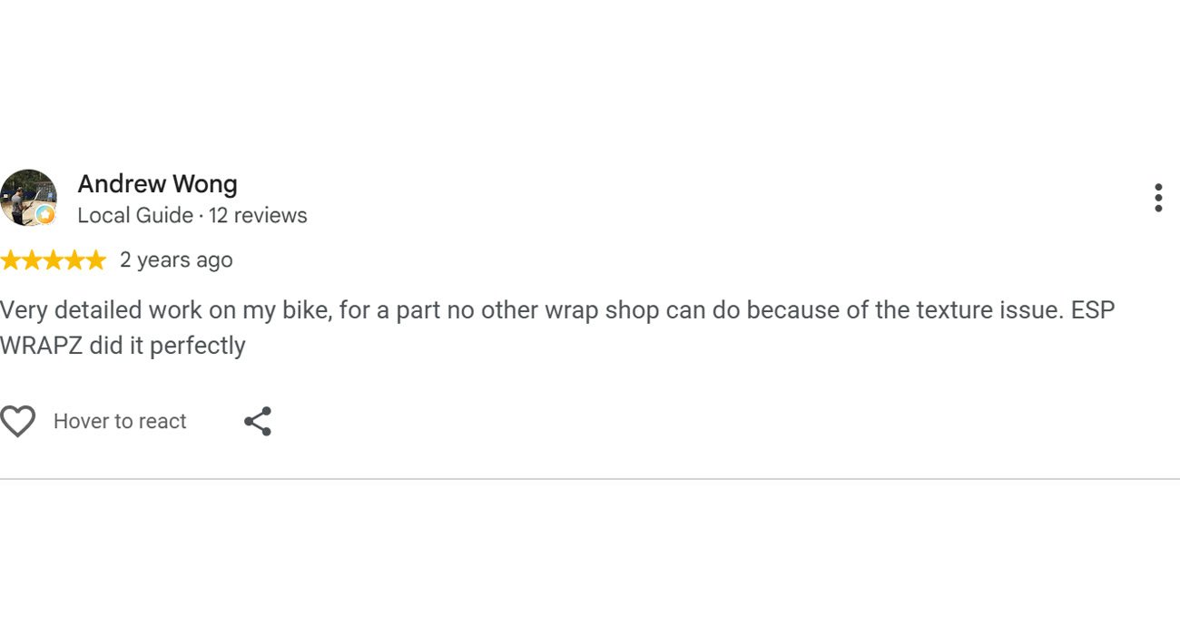 Google review by Andrew Wong for ESP Wrapz Autospa, 2 years ago