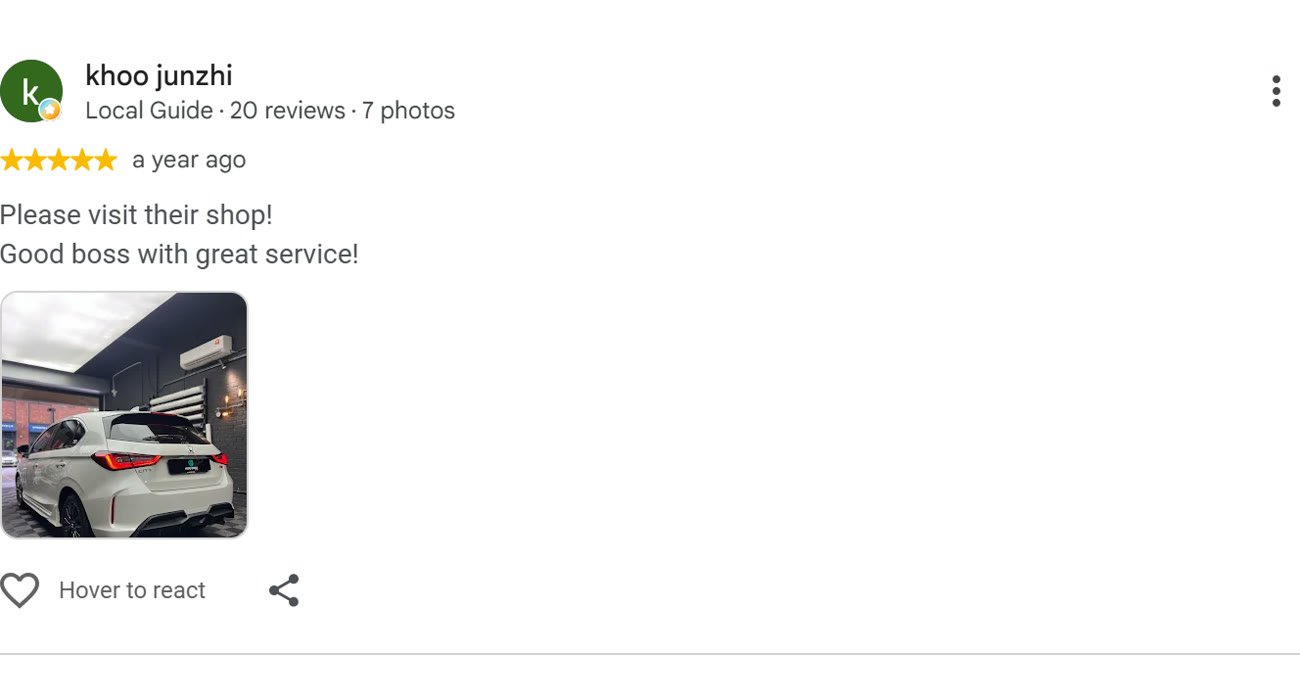 Google review by khoo junzhi for ESP Wrapz Autospa, a year ago