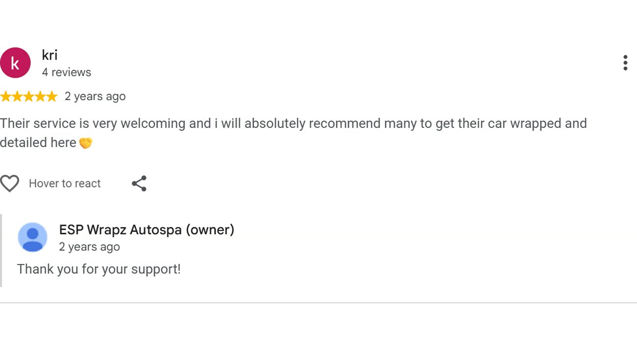 Google review by kri for ESP Wrapz Autospa, 2 years ago