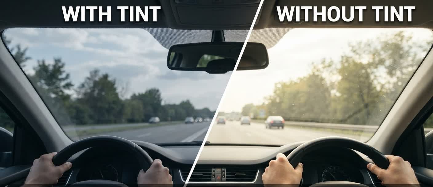 Illustrative comparison through a car windscreen split down the middle, showing a brighter glary view without tint on the right versus a calmer tinted view on the left (AI-rendered illustration, not an actual Hydro Shield client vehicle)