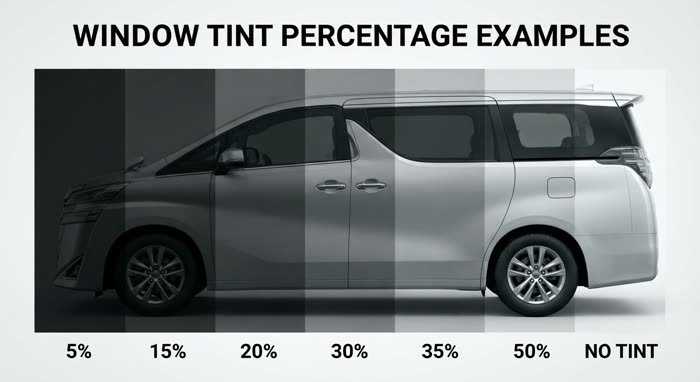 Diagram showing window tint darkness percentage examples (5% to 50% and no tint) illustrated on a vehicle silhouette