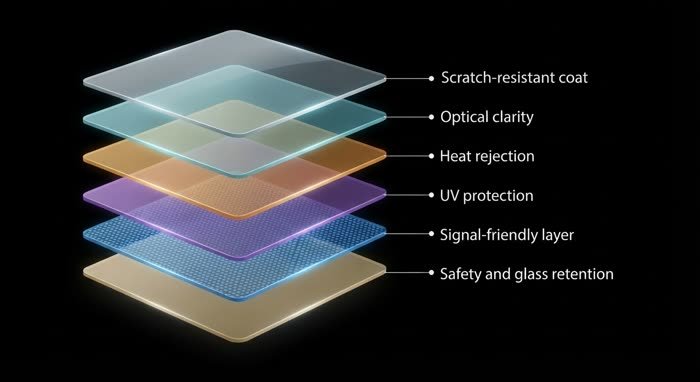 Exploded diagram of window film layers: scratch-resistant coat, optical clarity, heat rejection, UV protection, signal-friendly layer, safety and glass retention